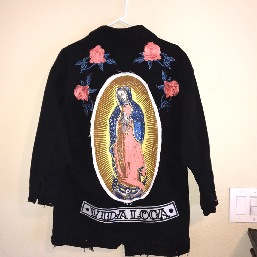 A black denim gothic print jacket